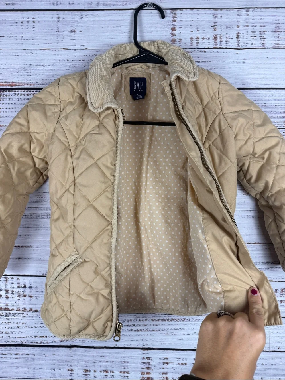 GAP Kids Quilted Jacket Girls XS 4-5 Tan Beige Polka Dot Lining